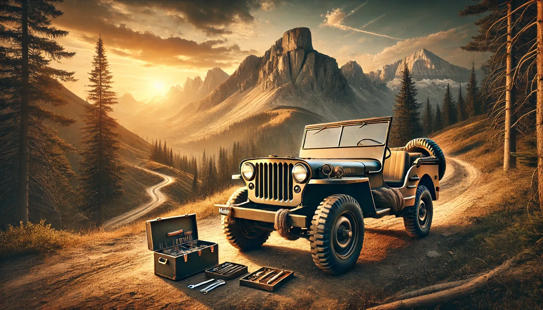 Jeep with tools in mountain setting