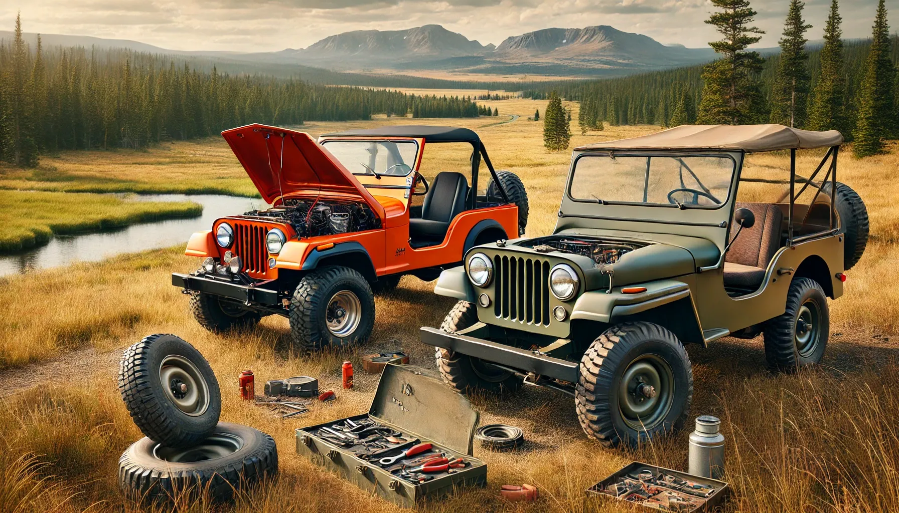Vintage and modern Jeeps side by side