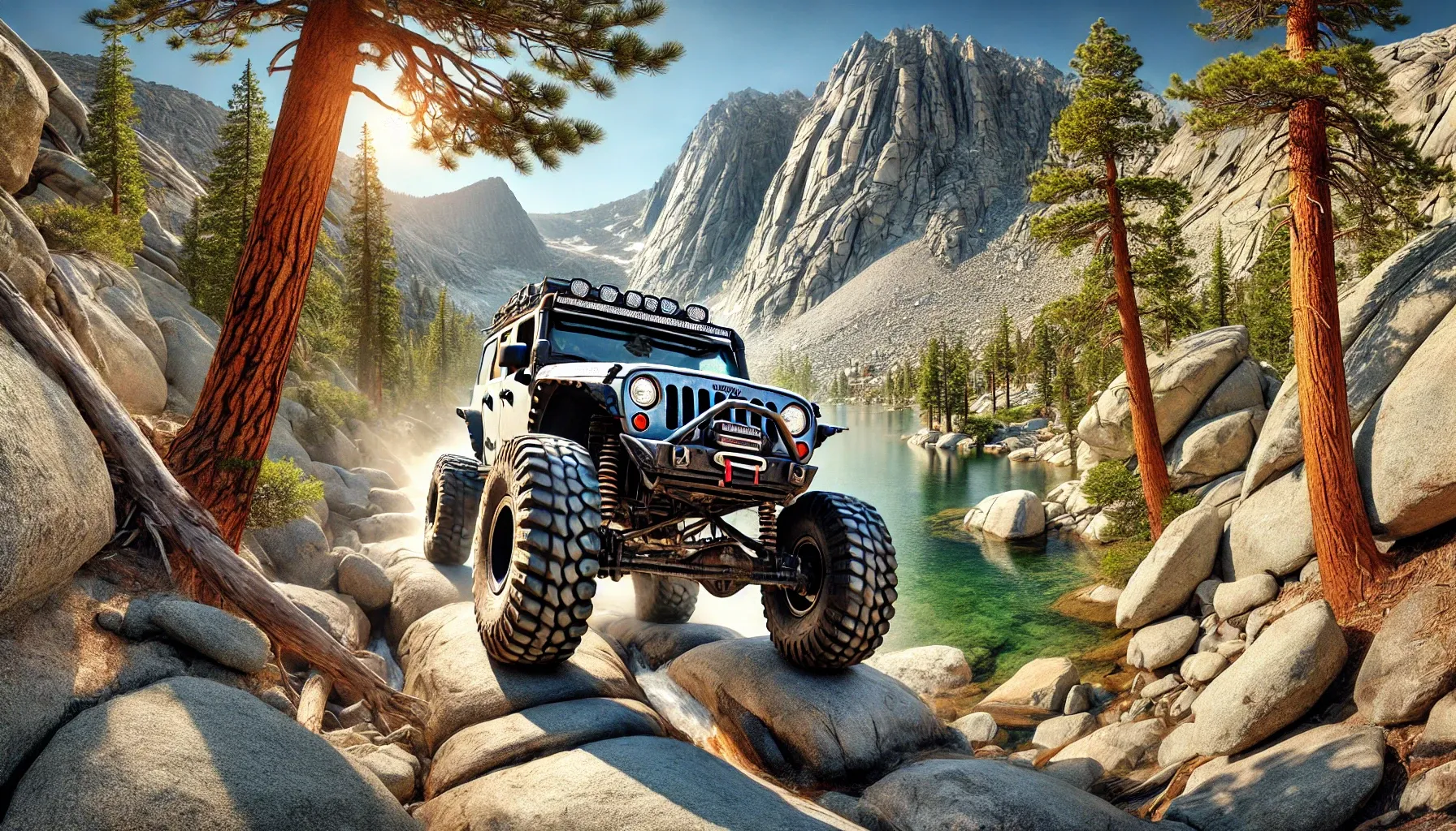 Jeep navigating the Rubicon Trail
